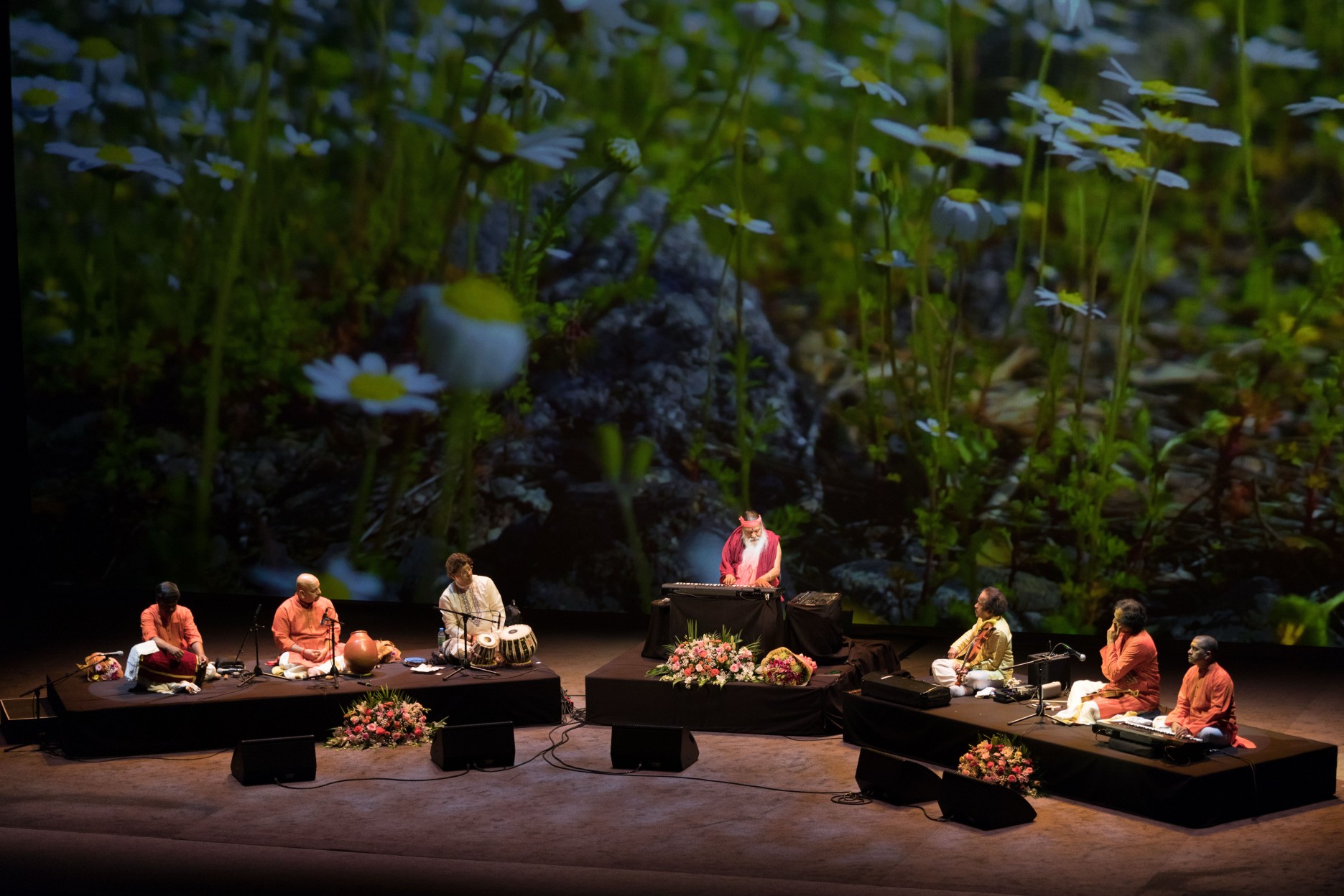 Concert — Sri Swamiji with ensemble, meadow backdrop
